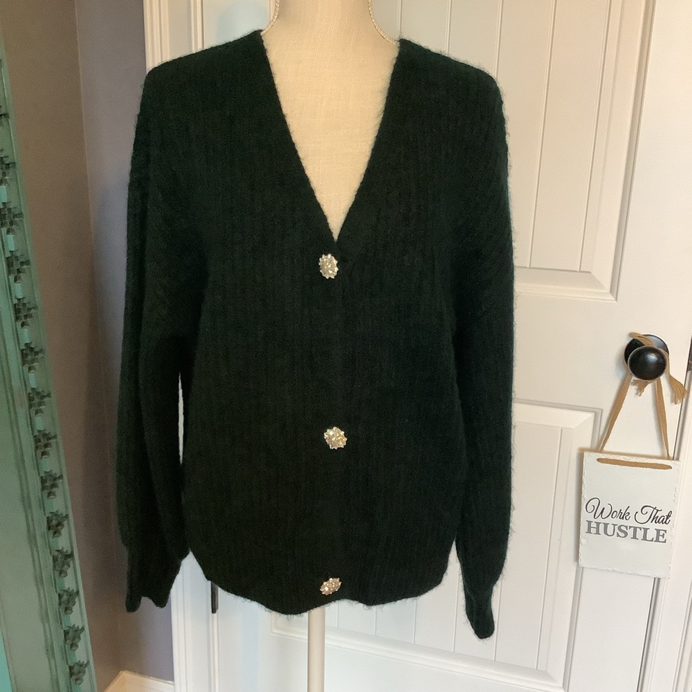 Skies‎ Are Blue Dark Green Cardigan with Crystal Buttons